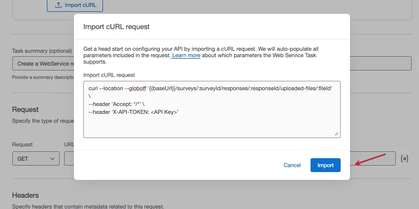 Pasting a curl command in the doc