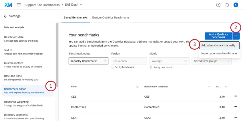 Ir al editor de puntos de referencia y agregar un benchmark manualmente