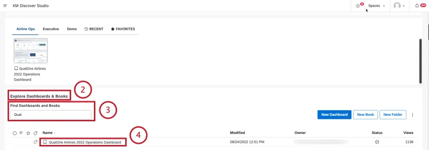 la sezione Esplora cruscotti e libri contiene una lista di dashboard