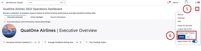 menu nella parte superiore del dashboard