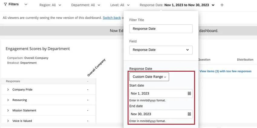 a custom date range filter