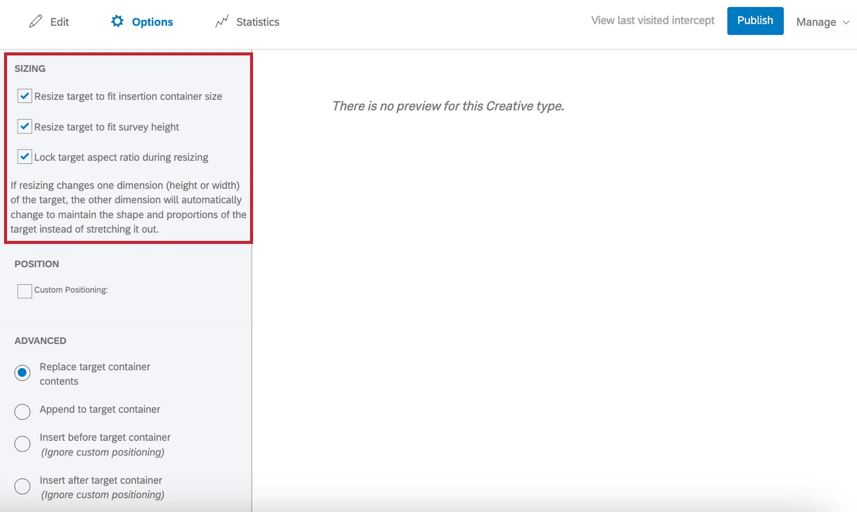 les options de dimensionnement dans le cadre du créatif