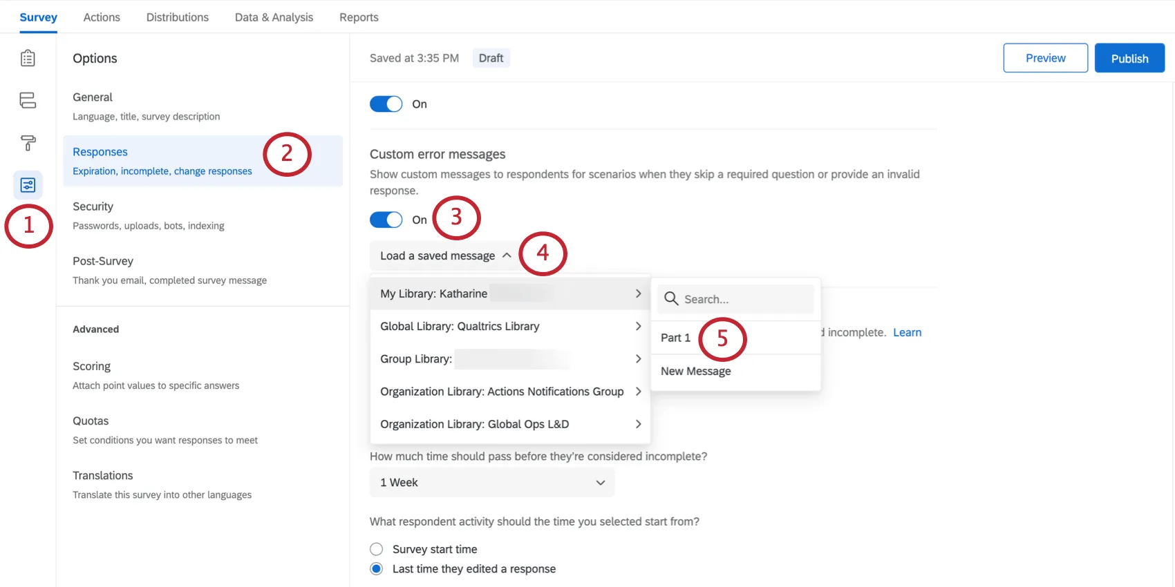 Selecting Use Custom error Message, then selecting a ready-made message from the dropdown