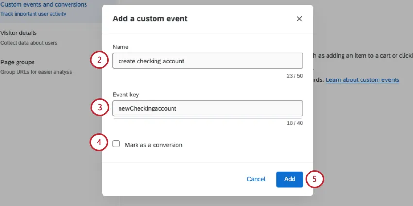 nova janela onde você adiciona informações sobre seu evento personalizado