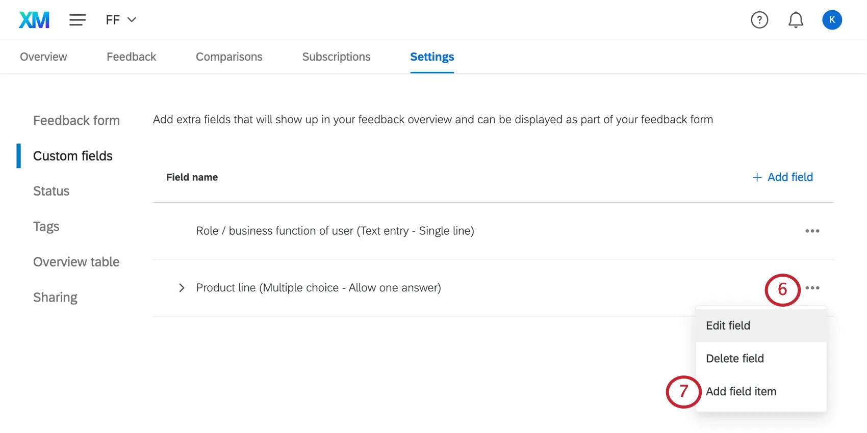 selecting add field item
