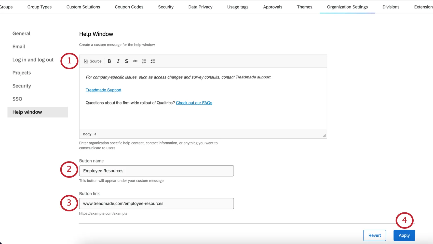 help window customization in the admin tab
