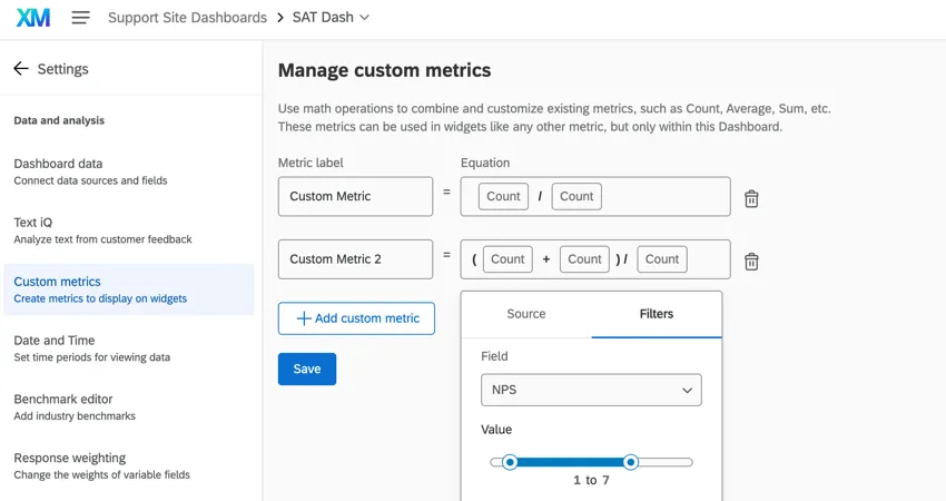 Custom metrics as described above