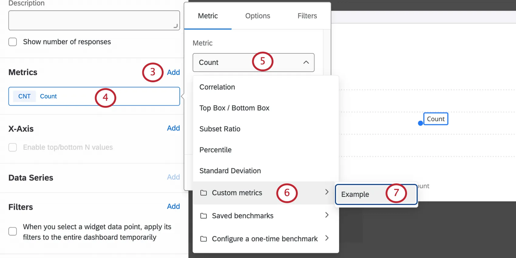 Botão Add Metric (Adicionar métrica) no painel de edição do lado esquerdo. Count é a métrica padrão