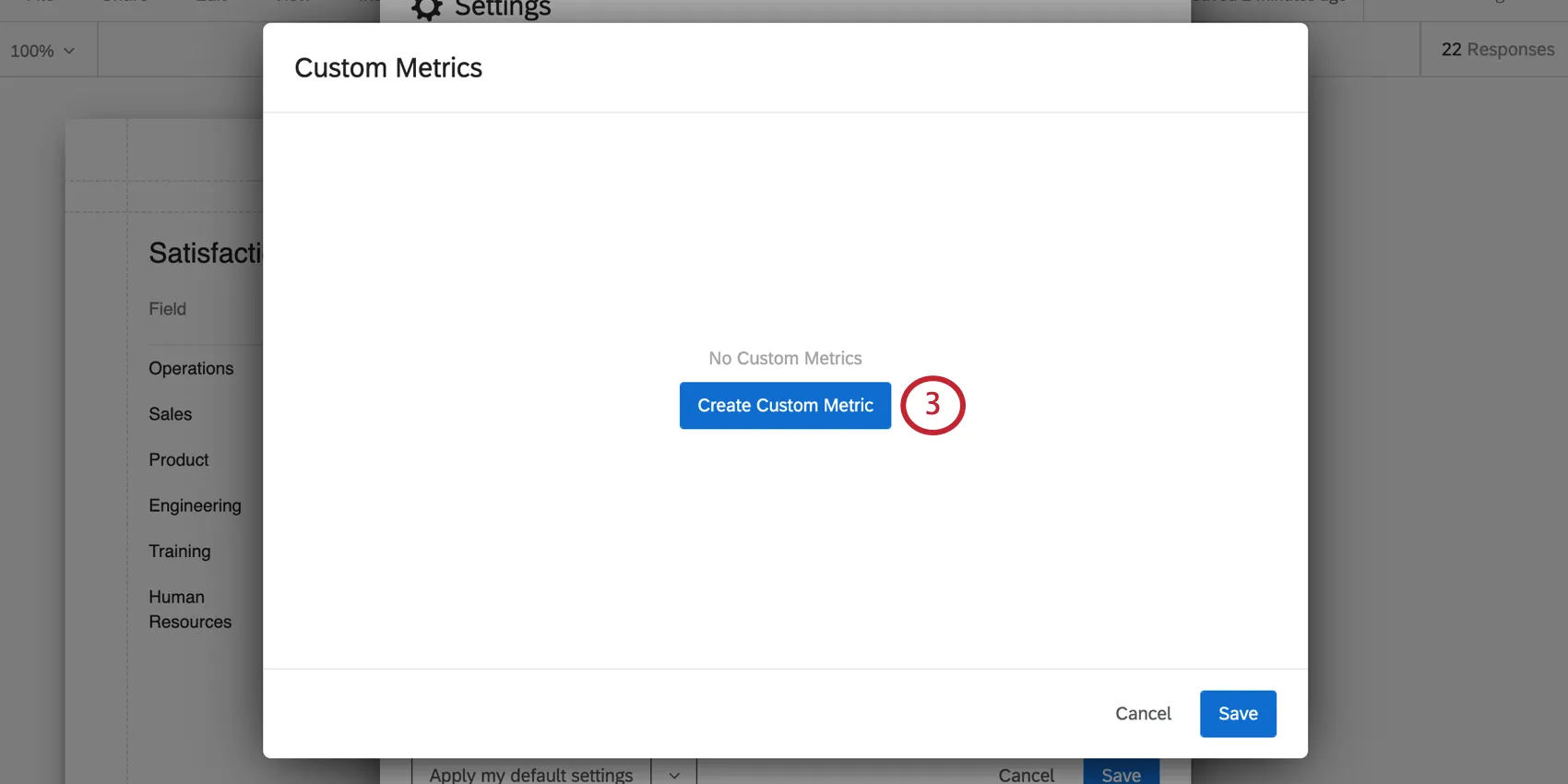 Botón en el medio de la ventana que dice crear métrica personalizada