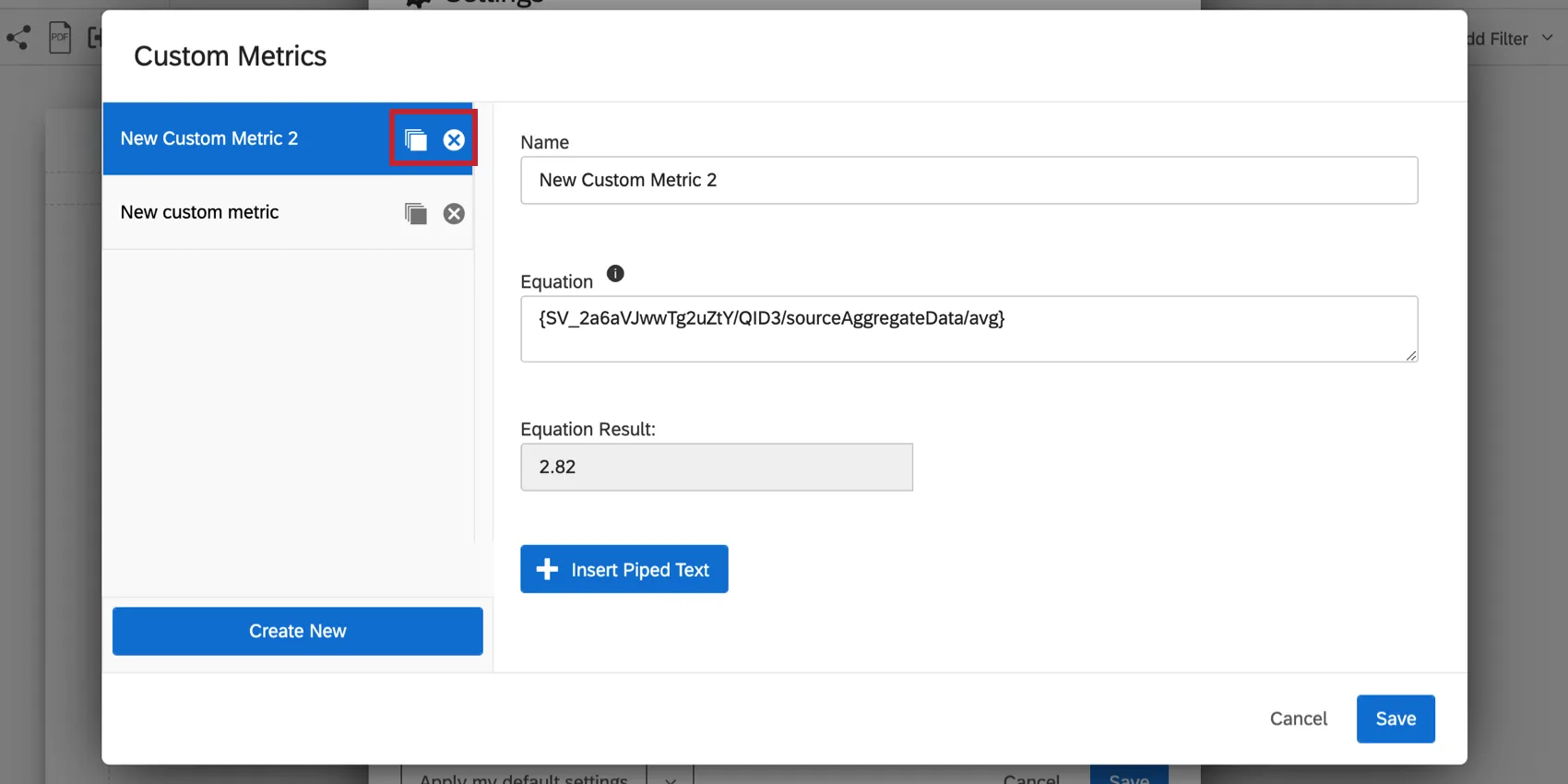 Custom metrics window opened, icons next to each existing custom metric are highlighted