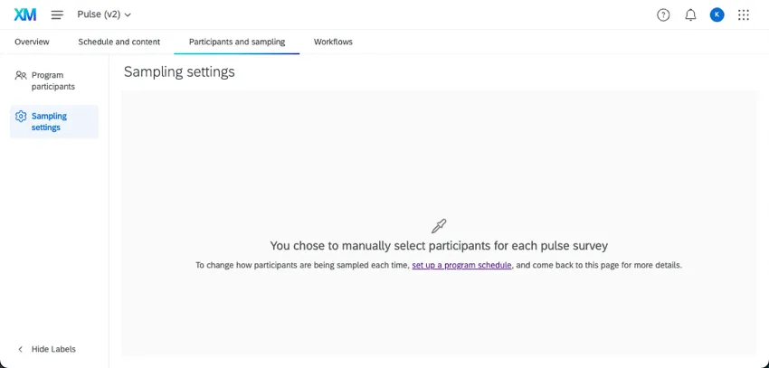 the sampling settings page is blank except for a message that says you chose to manually select participants for each pulse survey. there is also a link to change this