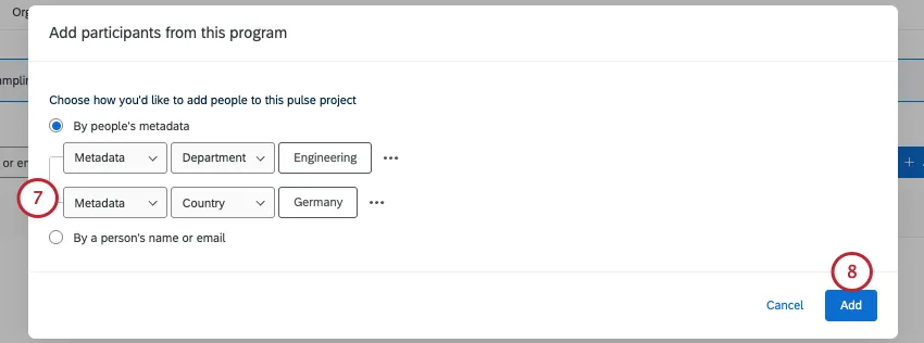 2 Bedingungen: die Metadaten für die Abteilung sollten Ingenieurwesen sein und die Metadaten für das Land sollten Deutschland sein
