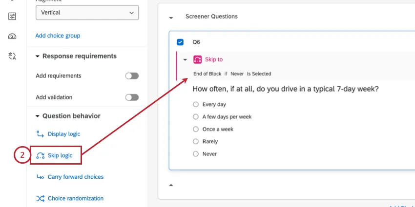 adding skip logic to the screener question