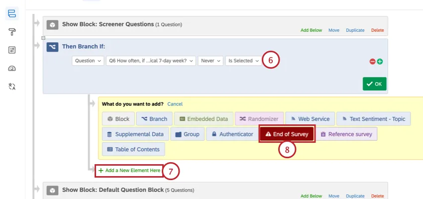 creating the branch logic and adding and end of survey element