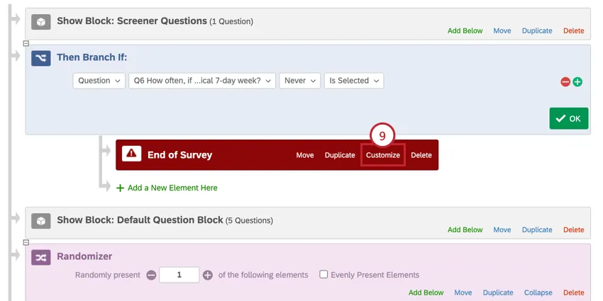 clicking customize on the end of survey element