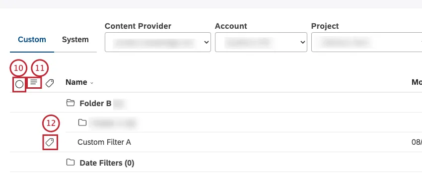 Abhängig von der aktuellen Auswahl können Sie das oberste Ankreuzfeld verwenden, um alle Positionen auszuwählen oder zu entmarkieren. Schalten Sie die Sichtbarkeit ausgeblendeter Filter auf dieser Seite ein und aus. Zeigen Sie an, welche Filter Bezeichner haben, die durch das Bezeichnungssymbol weiter einem Filter gekennzeichnet sind.