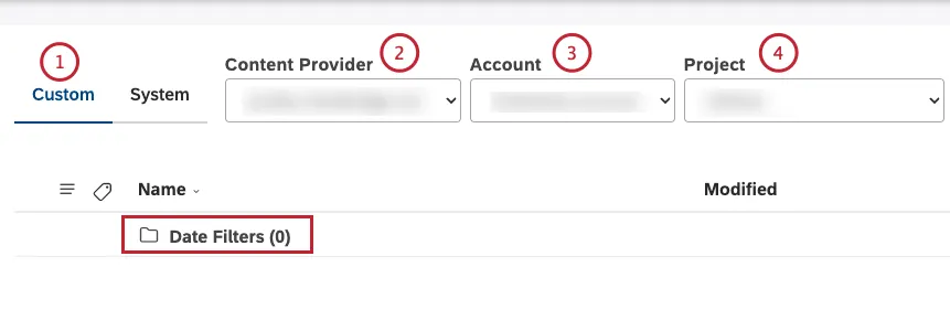 Pestaña personalizada. Seleccione el proveedor de contenido, la cuenta y el proyecto.