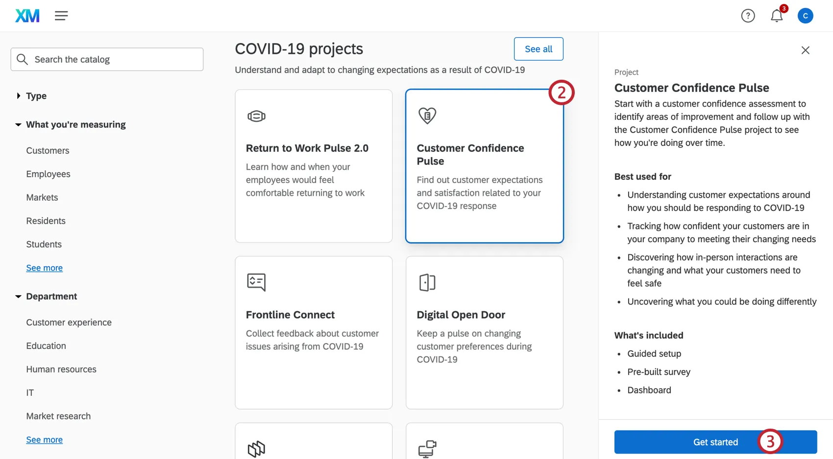 Imagen del catálogo, seleccionando el proyecto descrito, viéndose una barra lateral abierta a la derecha describiéndolo, finalizando con un botón para empezar a crearlo
