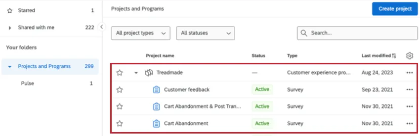 Image of a program on the projects page; it is expanded to how a list of projects inside