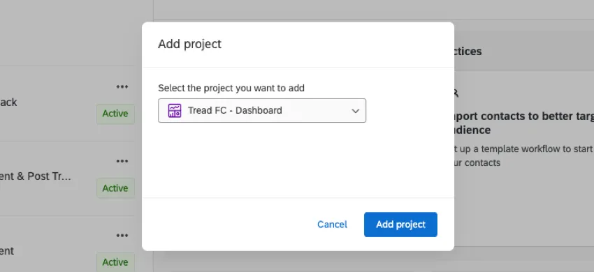 New window with a dropdown where you can select projects by folder or search