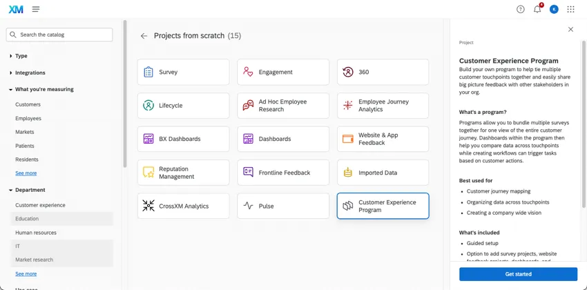 Catálogo mostrando um programa de experiência de cliente, Customer Experience em projetos do zero