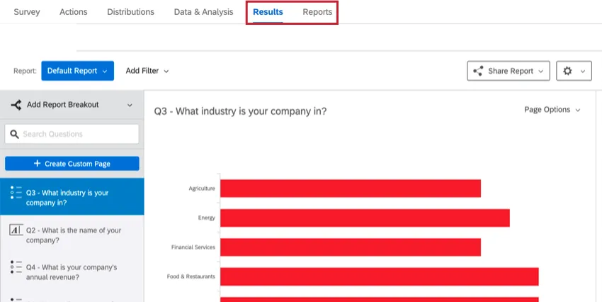 the results and reports tabs