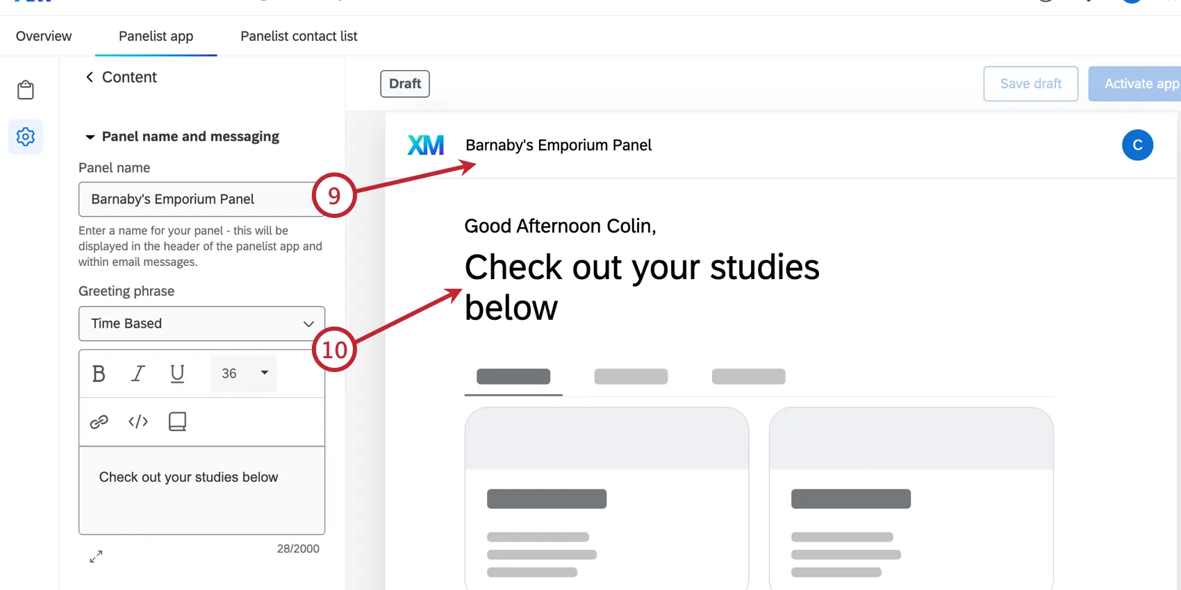 entering a panel name and choosing a greeting phrase
