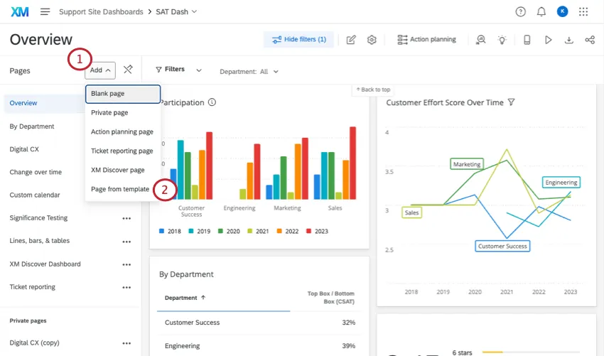 imagem do menu adicionar página em um dashboard cx