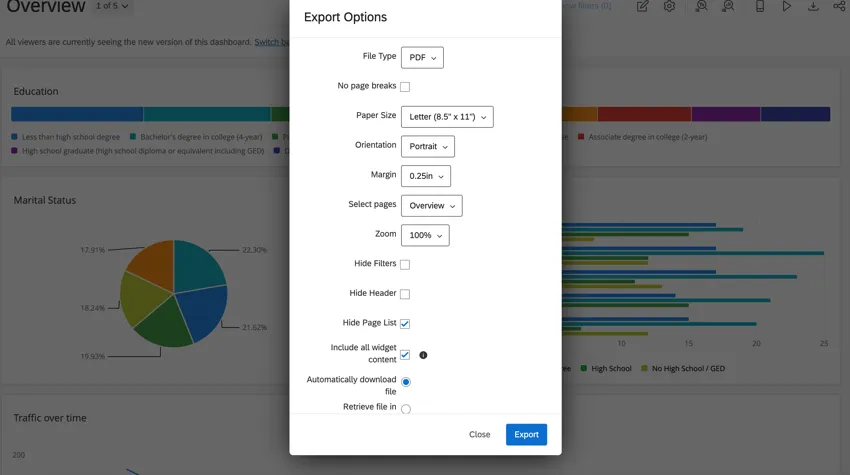 the export options window