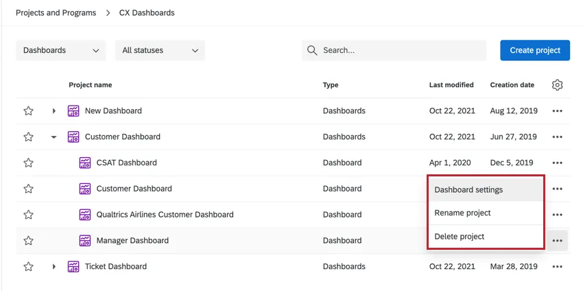 die Optionen für ein cx-dashboard