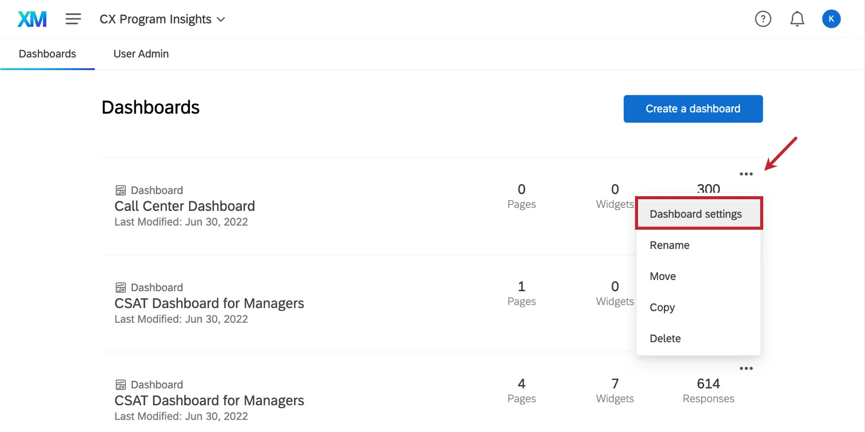 Das Dropdown-Menü weiter dem Dashboard ist aufgeklappt. Die erste Option sind Dashboard.