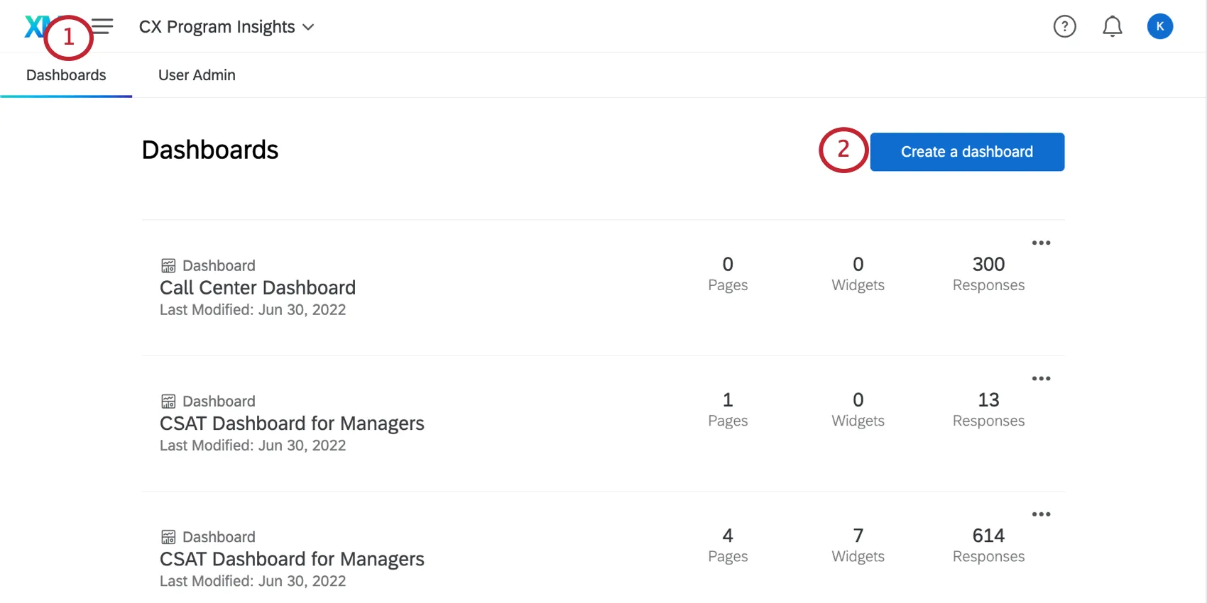 Wählen Sie auf der Registerkarte "Dashboards" des Projekts oben rechts die Drucktaste "Dashboard erstellen" (in der Mitte, wenn sich keine anderen Dashboards innerhalb des Projekts befinden).