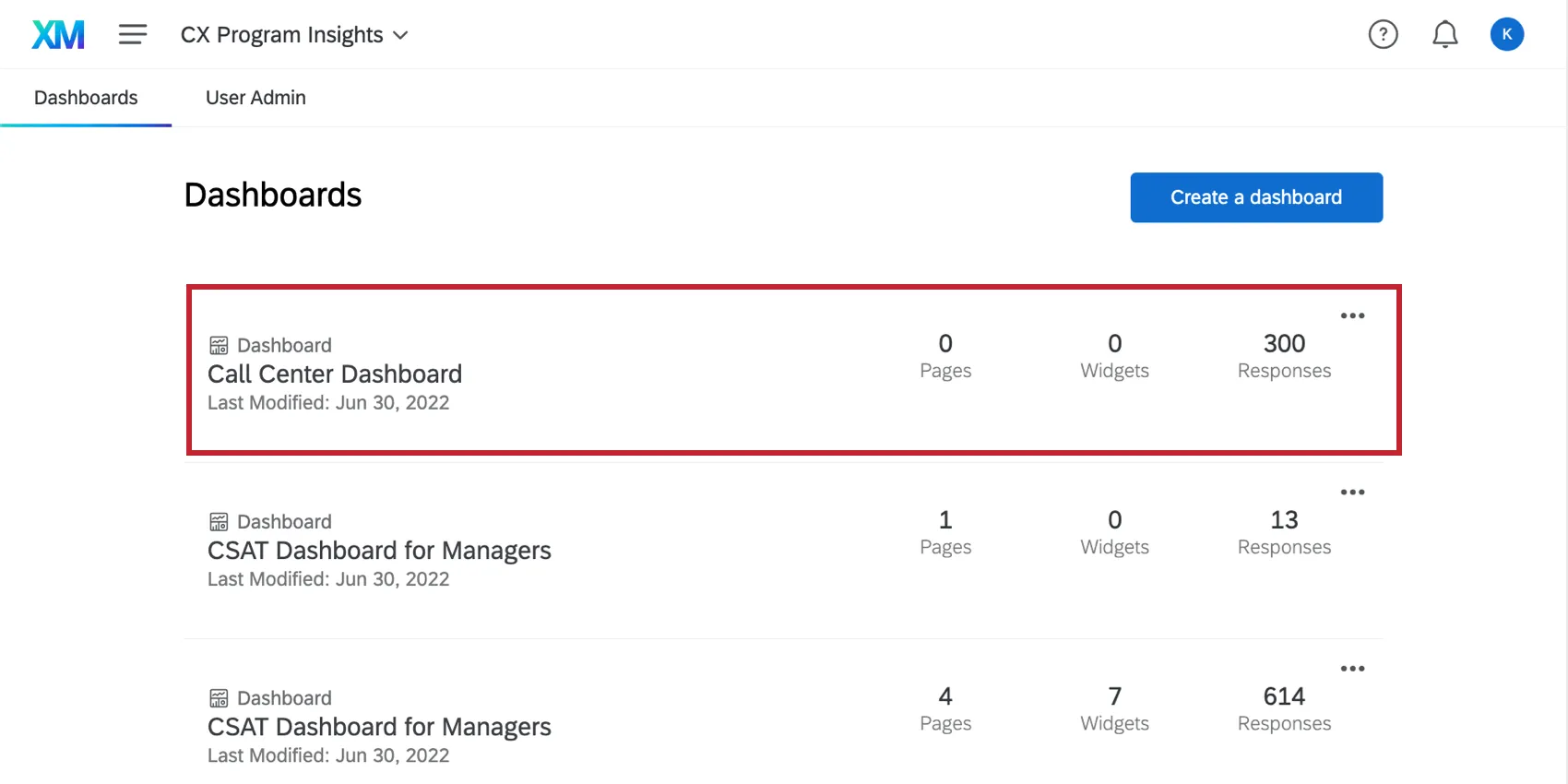Dashboards tab selected from the top. On this page, you see a list of dashboards, indicated by red icons