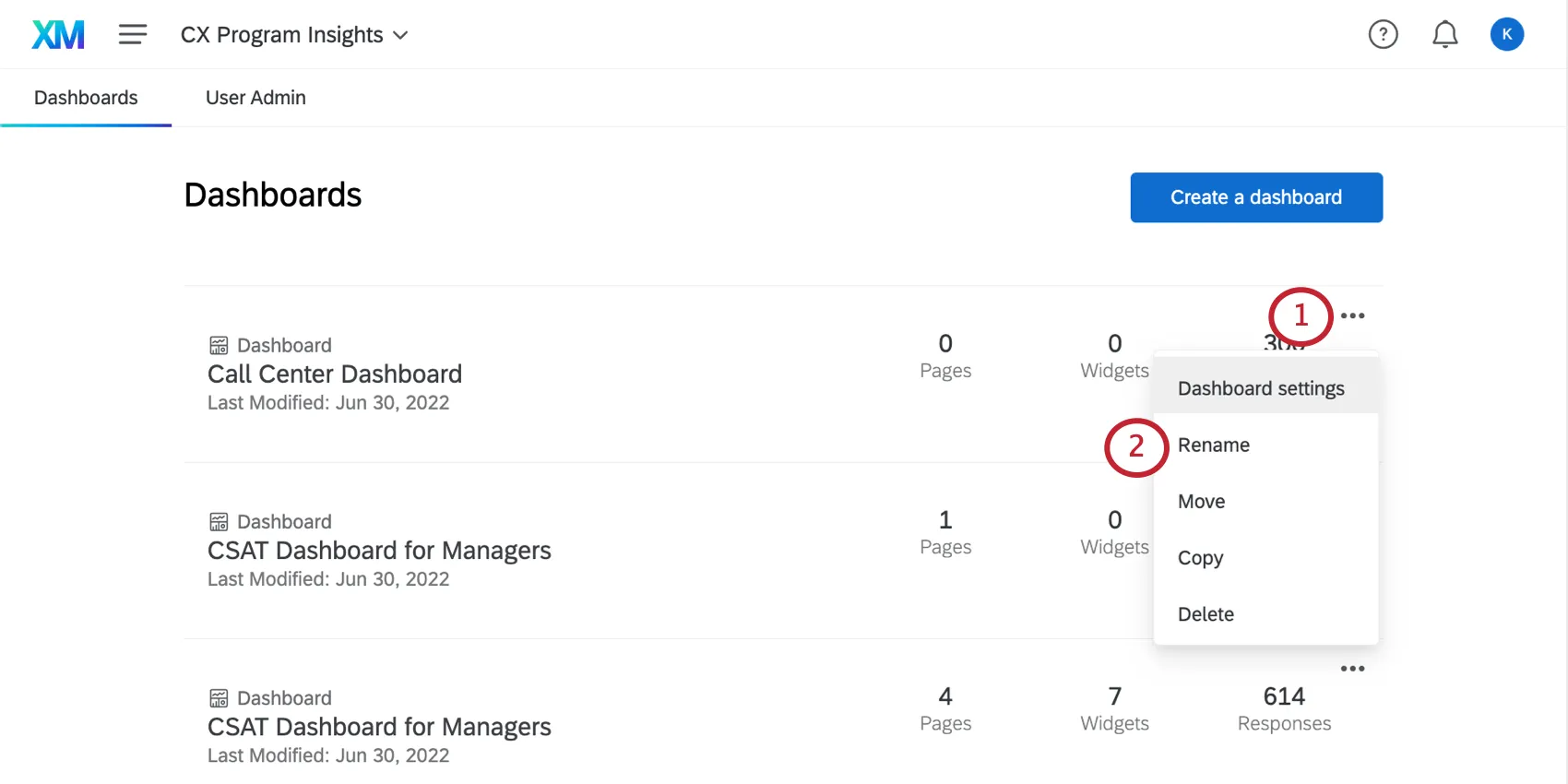 Dropdown menu to right of Dashboard name