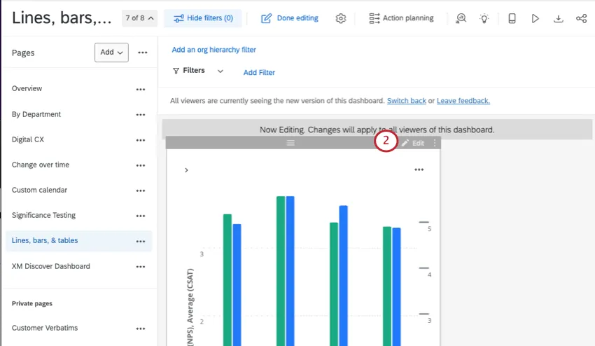A barra cinza e o botão de edição aparecem na parte superior do widget ao passar o mouse