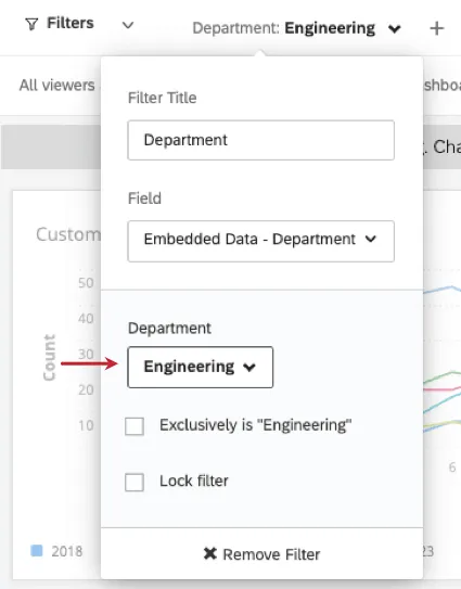 imagen de un filtro de widget agregado a un widget en modo de edición con valores de filtro específicos seleccionados