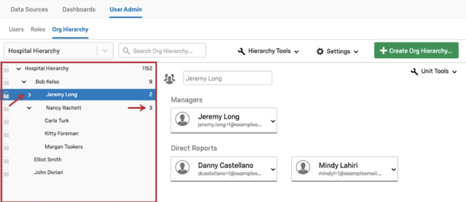 Navigation sidebar to the left expanding and collapsing units of the hierarchy to reveal its members