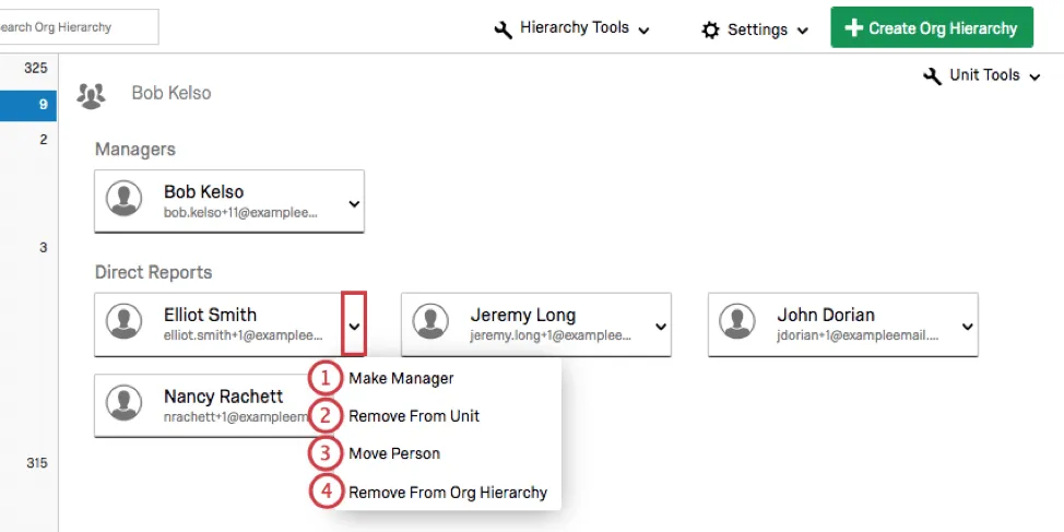 Il menu a discesa avanti al membro dellunità rivela 4 opzioni