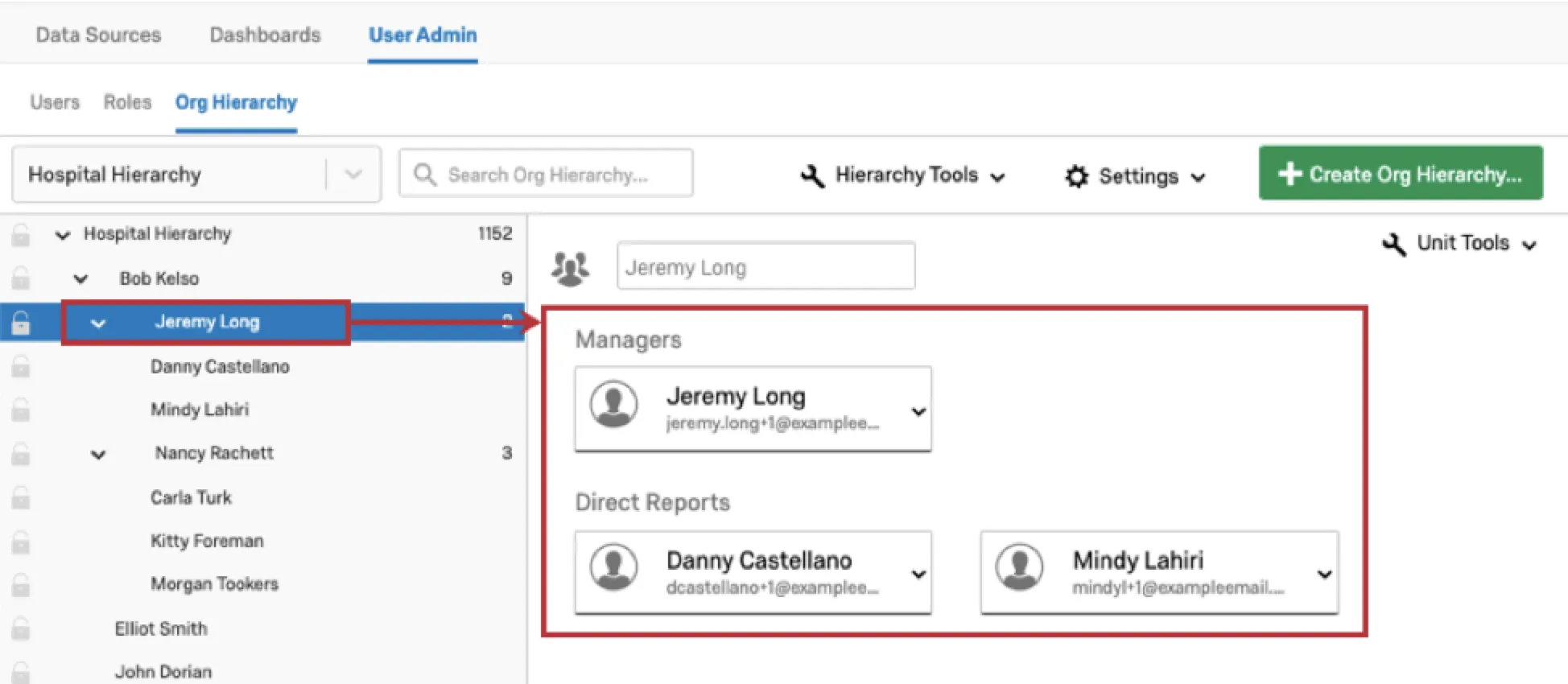 A sinistra viene selezionato un Subordinato diretto anziché un Manager e viene visualizzata la stessa unità della schermata precedente, perché questo Subordinato diretto si trova nellunità di Jeremy Long