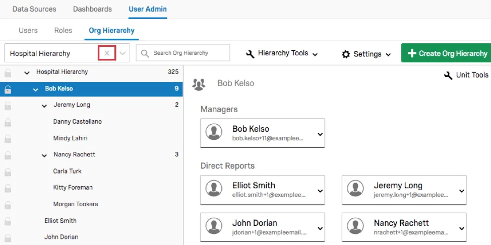 In Hierarchy selection dropdown menu, X button next to name of hierarchy