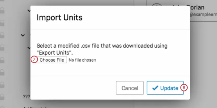 Import units window that opens