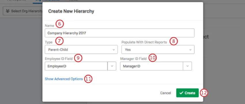 Create New Hierarchy window with the fields described in the steps