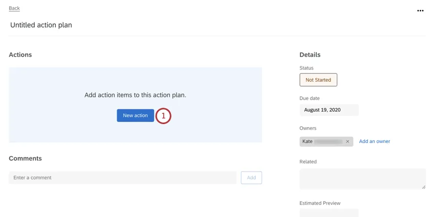 Center of action plan, huge blue space with a "new action" button in the center