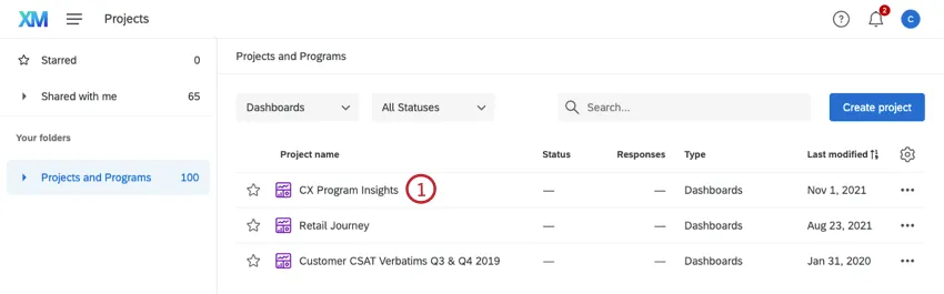 Dashboard project on the projects page