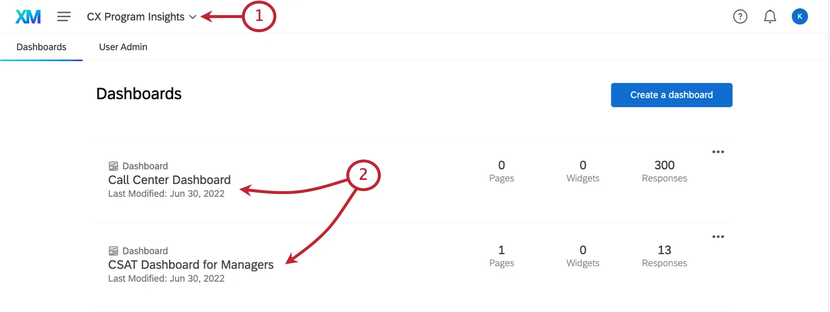 As described, the Dashboards tab of a dashboards project. Has two rectangles on it that are dashboards inside the project, which you click to enter