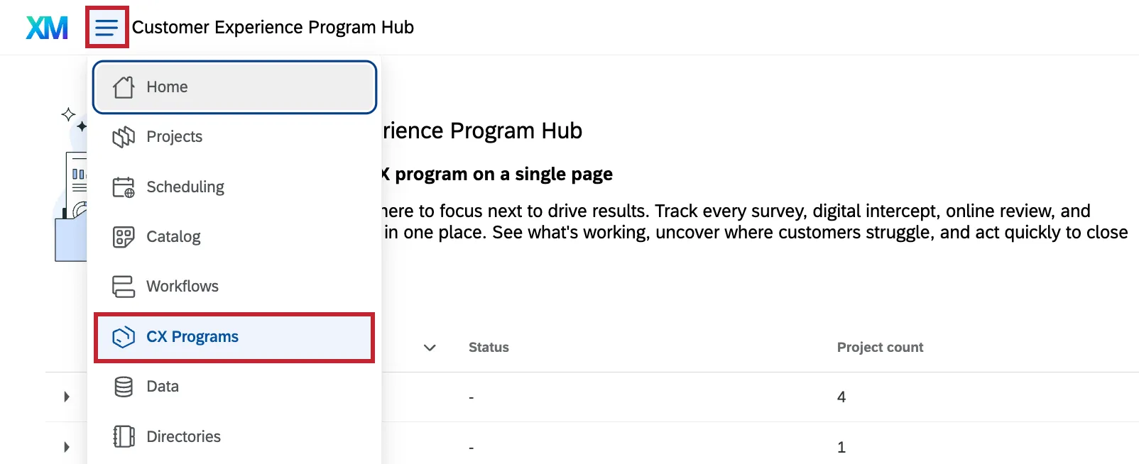 "CX Programs" highlighted within the global navigation menu