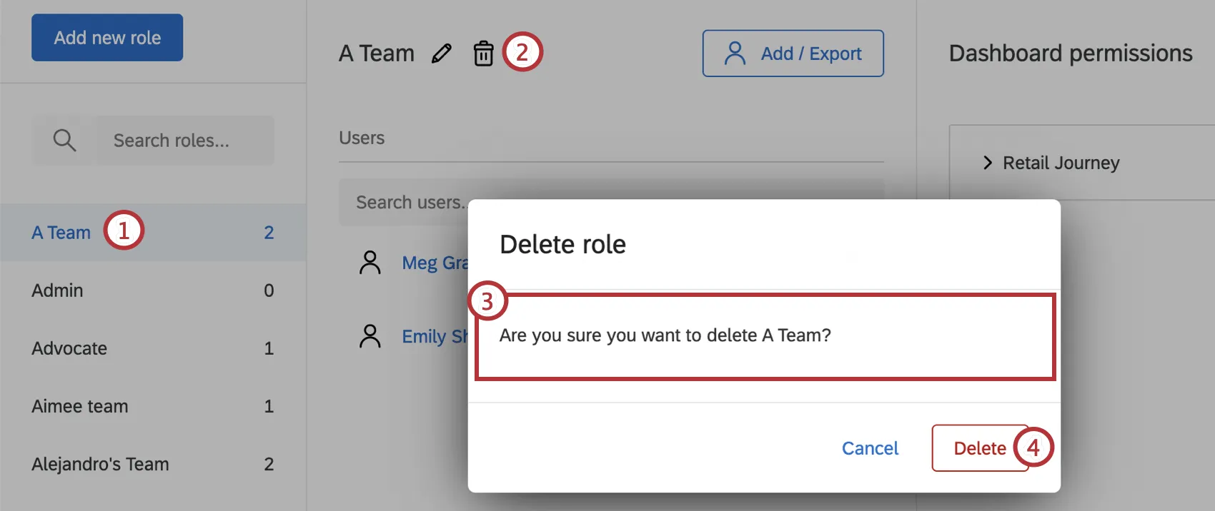 Seleccionar un rol y seleccionar eliminar entre las opciones