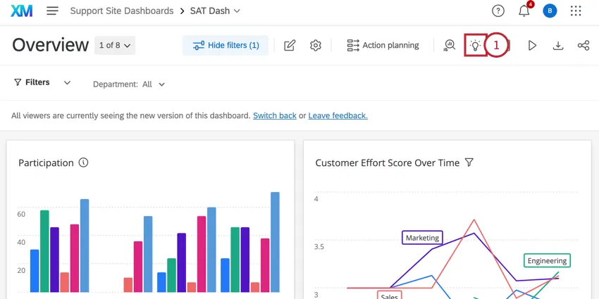 en cliquant sur licône Insights en haut dun tableau de bord expérience client