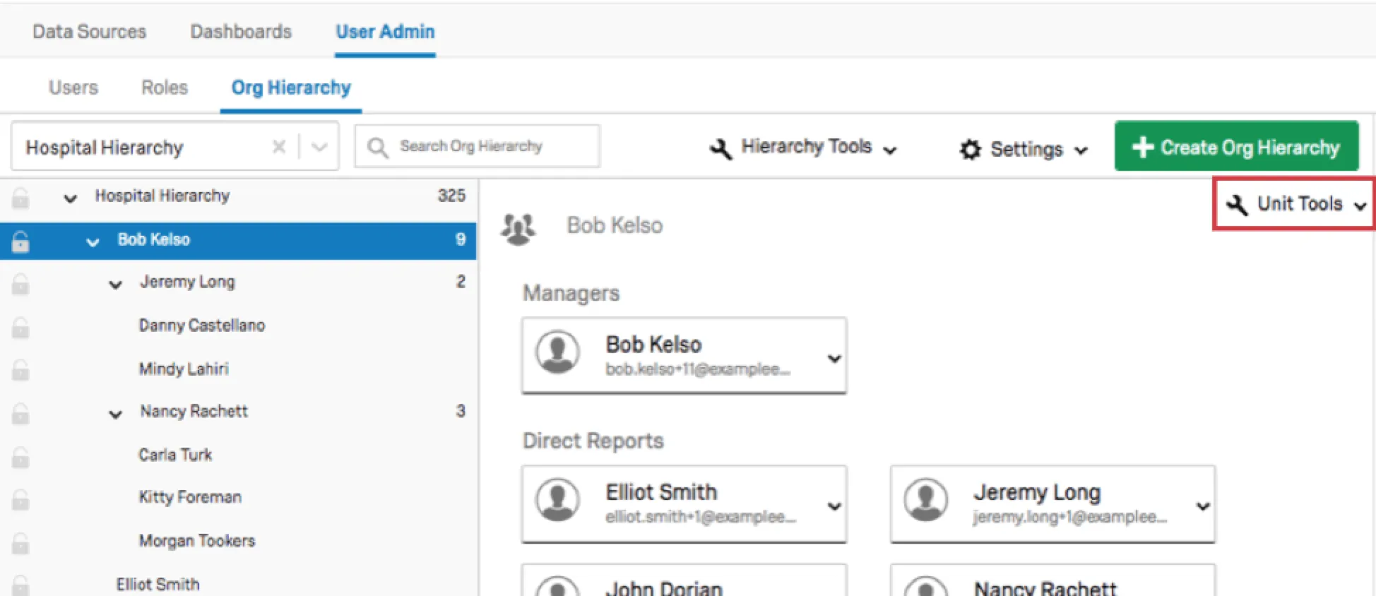 Unit Tools button on the upper-right of the Org Hierarchies section