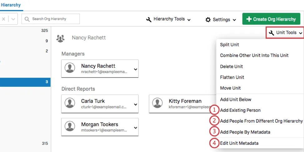 Unit Tools expanded with last 4 options numbered